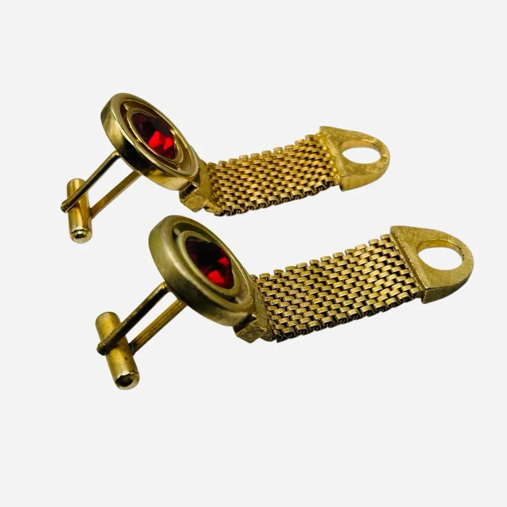 Vintage Red Rhinestone Mesh Cuff Links